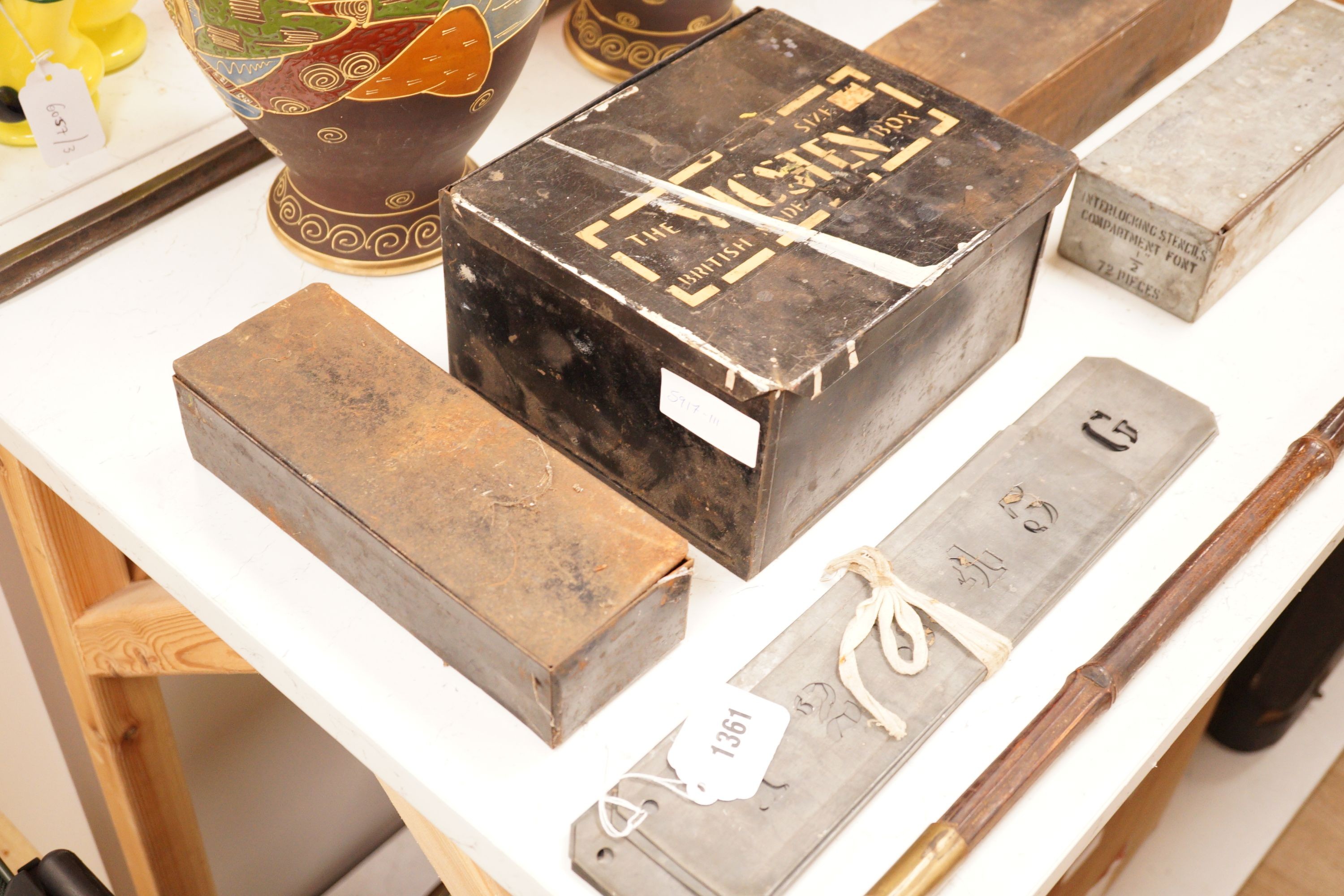 A mixed collection of early 20th century brass and other alphabetical stencil plates, varying sizes